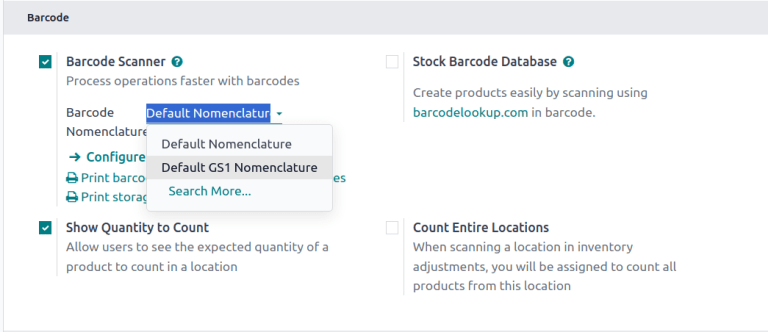 Changing barcode nomenclature in Inventory app settings.